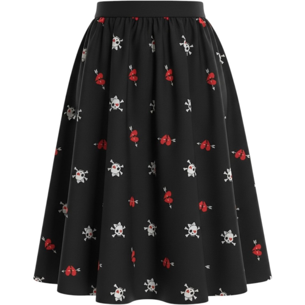 Unique Vintage Skulls and Broken Hearts Swing Skirt Black Red XL 14 Pockets